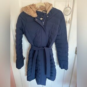 Abercrombie & Fitch Cobalt Blue Puffer Jacket with Faux Fur Trim